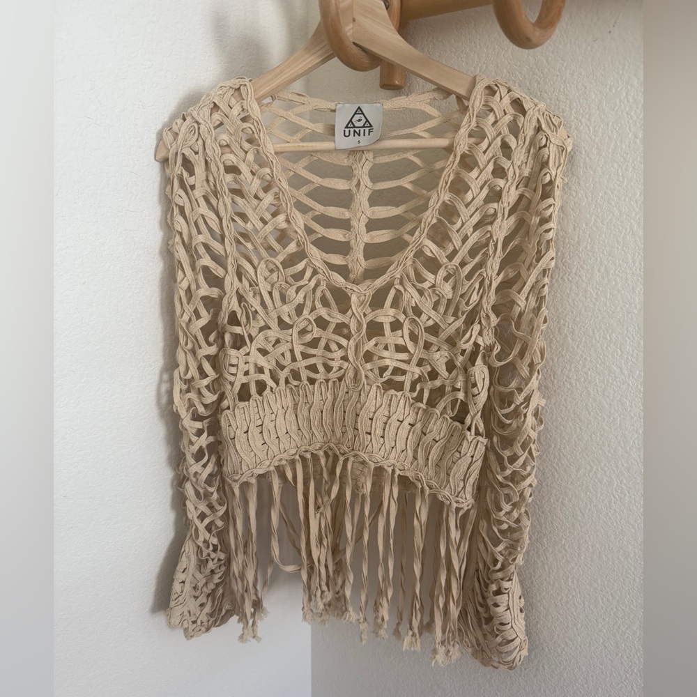 UNIF rare fringe cream crochet  ivory long sleeve top boho hippie size S